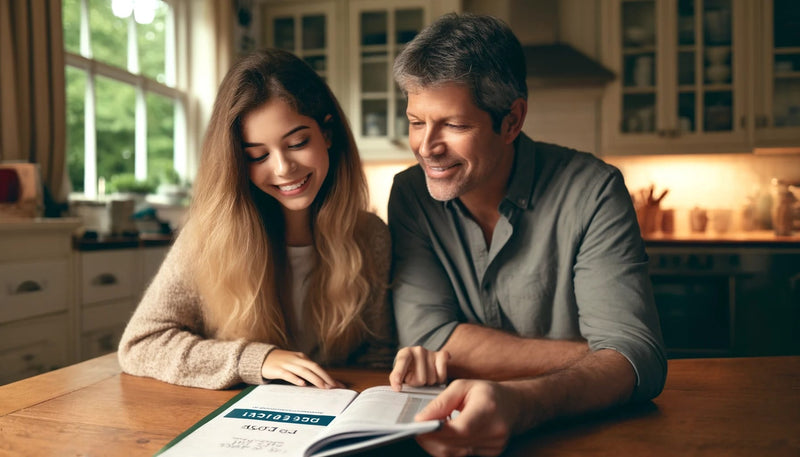 Daughter and Dad reviewing workbook